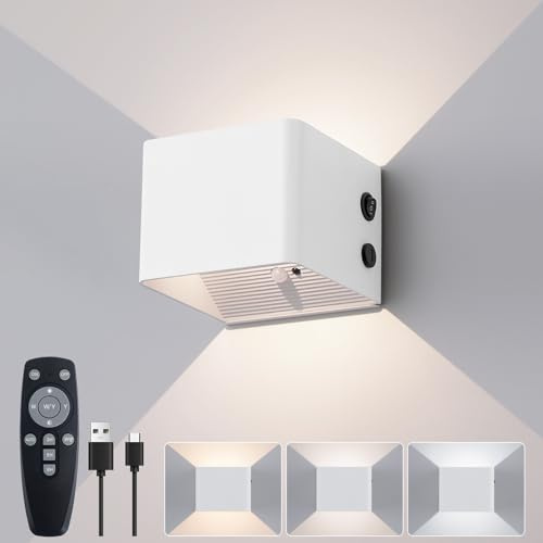 YCZM Applique da Parete Interno con Sensore di Movimento,Lampada da Parete a Batteria da 4000 mAh con Telecomando,3 Colori Regolabile in Luminosità,Senza Fili,USB Ricaricabile,Bianco 1 Pezzi