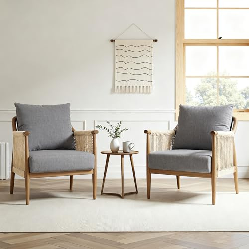 FLEXISPOT 2-er Set Akzentstuhl handgeflochten, Vielseitiger Indoor & Outdoor Stuhl mit komfortablen Kissen, Boho Rattanstuhl mit atmungsaktivem Design Grau
