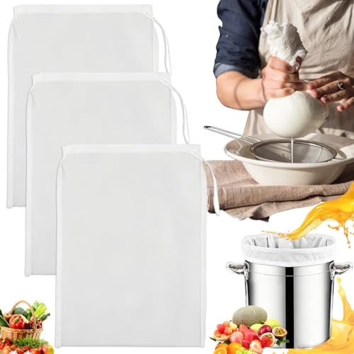 Liekadijiae 3 Stücke Passiertuch Wiederverwendbar,200 Mesh,45×60cm,Mit Kordelzug,Siebbeutel Groß,Weinherstellung Zubehör,Nylon Mulltuch Küche,Brühbeutel Filter Für Bier,Wein,Saft,Koffee