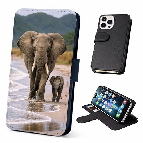 Speaking of Gifts Elephant and Calf Wallet Phone Case Flip Cover Compatible with iPhone SE 7 8 X XR 11 12 13 14 15 16 17 Plus Mini Pro Max – Faux Leather Elephants