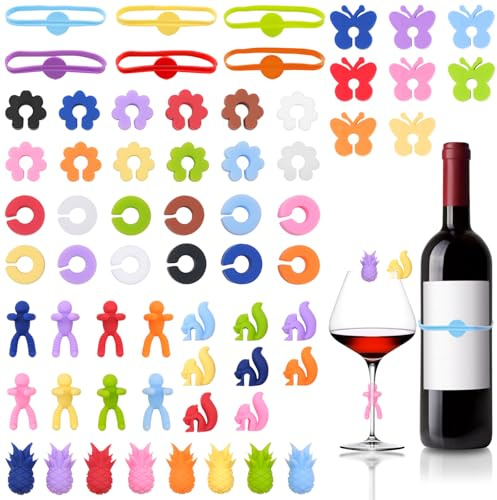 62 Marcadores para Copas de Silicona Reutilizables, 7 Diseños de Colores para Identificar Copas de Vino, Champán, Cóctel, Vasos y Tazas en Fiestas y Bodas