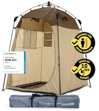 Lumaland Where Tomorrow Tienda de Campaña Pop Up Ducha de Camping - Cambiador Portátil de Camping para Privacidad al Aire Libre - Carpa de Aseo Impermeable con Protección UV - 155x155x220 cm/Marrón
