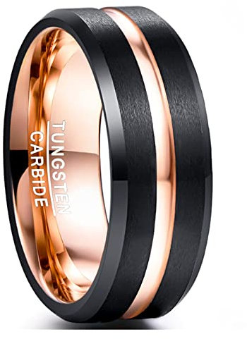 NUNCAD Bague en Tungstène Noir Homme Femme, Anneau 8mm avec Rainure Or Rose pour Alliance Loisir Souvenir, Taille 64(20,68)