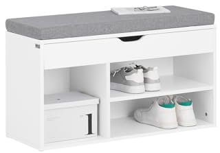 SoBuy Schuhbank mit Sitzfläche - Sitzbank mit Stauraum, 120 kg Belastbarkeit, 3 Fächer für Flur, Eingangsbereich und Wohnzimmer, abnehmbares Kissen, 80x46x30 cm, Weiß, FSR45-HG