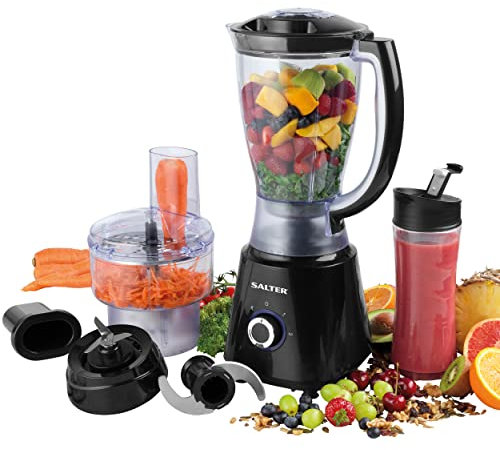 Salter EK4246 Deluxe 3 In 1 Jug Blender, Smoothie Maker and Mini Food Processor, Healthy Soup Maker, Chop Blend and Slice, BPA Free, 400W, Black, 1.5 l Jug and 600 ml Sports Bottle