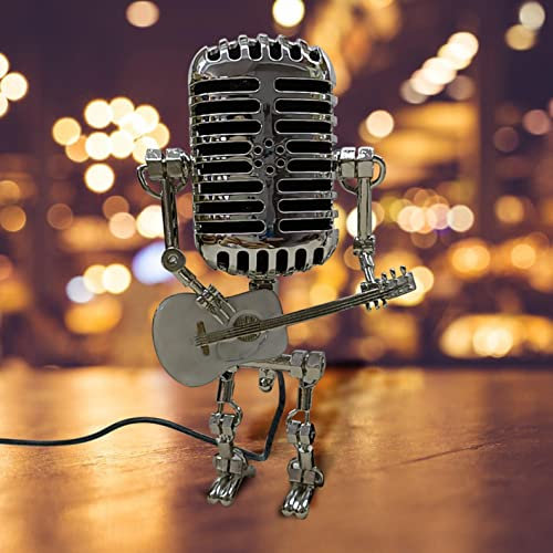 Vintage Metal Microphone Robot Desk Lamp - Great Christmas Stocking Stuffers Gift, Cool Microphone Guitar Robot Lamp, Mini Night Light Table Lamp for Bedroom Desk Home Decor (White)