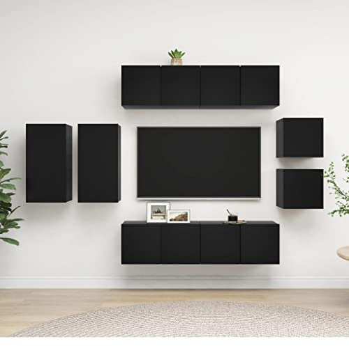 ZQQLVOO 8-TLG. TV-Schrank-Set,TV-Schränke,TV-Bänke,TV-Lowboard, Fernsehschrank,Fernsehtisch,Bücherregal,Vitrine,Raumteiler, Schwarz Spanplatte