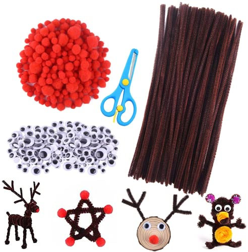 Pfeifenreiniger Pfeifenputzer Braune Chenilledraht und Pompons für Kinder Weihnachten Handwerk DIY Herstellung Basteln mit Rentieren(100Stk)