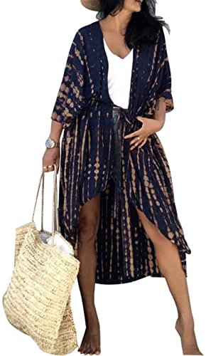 Tie Dye Beach Kimono Cardigan,Long Swimsuit Bikini Beach Cover Up, Open Front,Casual Loose Flowy (Navy, One Size)