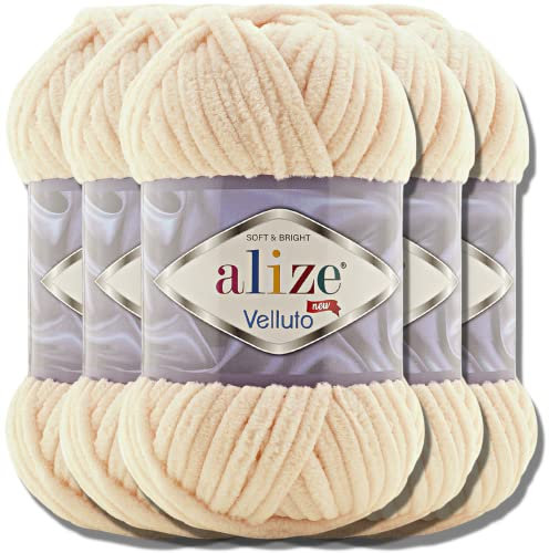 Hobby YARN Alize Velluto 5x 100g Türkische Strickwolle super Bulky Wolle zum Häkeln Uni Farbe Babywolle Flauschgarn Filzwolle Kuschelwolle (Honey | 310)