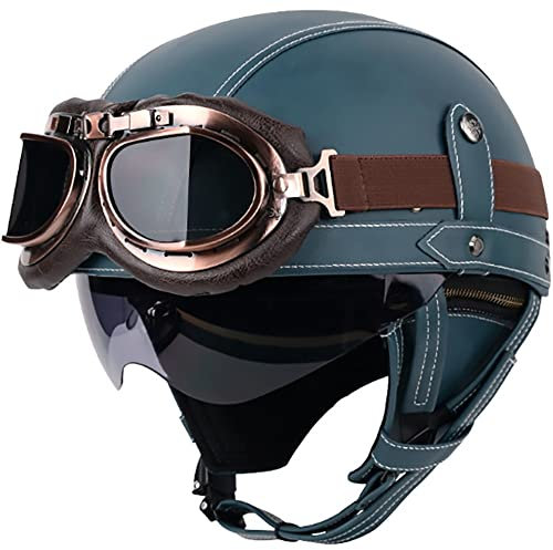 Casque Moto Vintage Jet Rétro avec Lunettes - Demi Casque Coupe-Vent pour Scooter Vélo Homme Femme