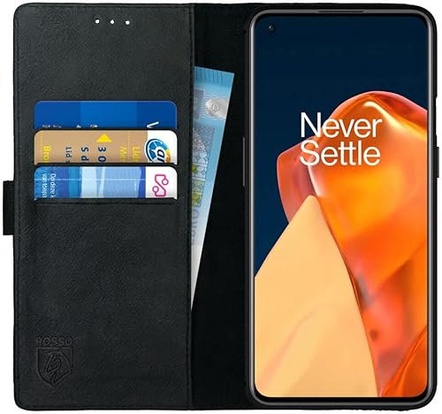 Rosso Deluxe Echtleder Book Case Hülle Passend für OnePlus 9 Pro | Platz für drei Karten | Brieftasche Book Case | Mit Kartenhalter | Schwarz