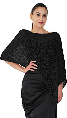 creazioni unique Poncho Pop Coprispalle da Donna Elegante da Cerimonia o Sera - Poncho Donna Autunnale e Primaverile in Viscosa Termica a Maglia Larga con Essenza di Fiore di Ciliegio (Nero)