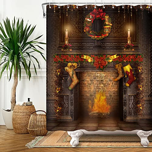 SDOTPMT 122x183cm Rideau de Douche Noël - Joyeux Noël Exquis Chaussettes Cadeau - Ancien Marron Brique Mur l'Hiver pour Salle de Bains - Polyester avec Crochets