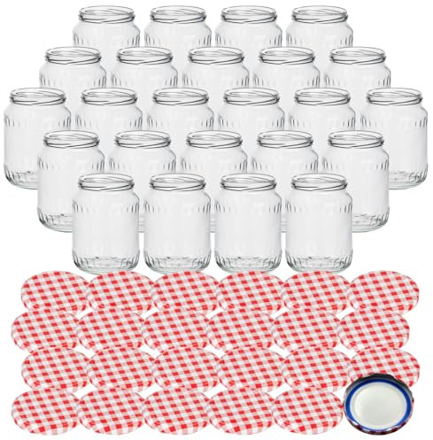 gouveo 24er Set Einmachgläser 720 ml Facette mit Schraubdeckel karo-rot BS - Vorratsgläser mit Drehverschluss TO82 - Leere Marmeladengläser (EGF720KRBS)