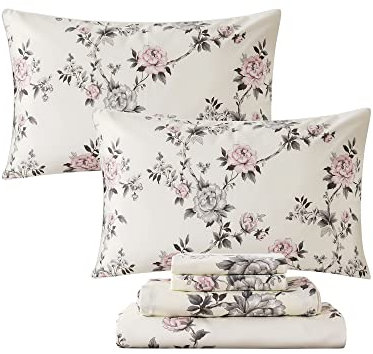 FADFAY Floral Sheets Set Full Vintage Rose Floral Bedding Shabby Grey and Pink Peony Print Sheets Farmhouse Bedding 800 Thread Count 100% Egyptian Cotton Soft Deep Pocket Fitted Sheet 4Pcs, Full Size