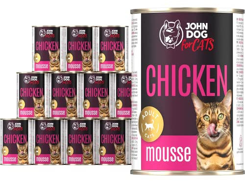 JD for Cats - Nassfutter für ausgewachsene Katzen mit Huhn - Mousse mit Kürbis und Lachsöl - hoher Fleischanteil - Dosen 400g x 12