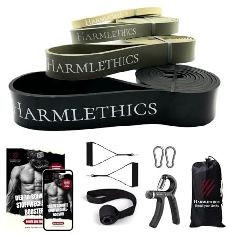 Premium Resistance Bands Set – Fitnessbänder für zu Hause, Fitnessstudio oder Outdoor: 4 Widerstandsbänder mit umfangreichem Fitness Zubehör für Krafttraining, Calisthenics, Fitness und Pilates