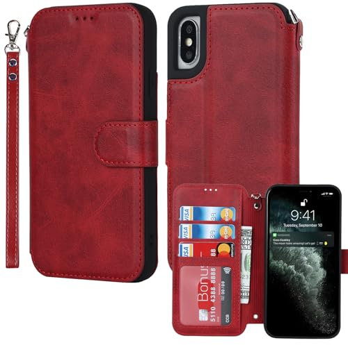ELTEKER Hülle für iPhone XS Max, Lederhülle mit Kartenfach, Flip Case mit Ständer, Rot