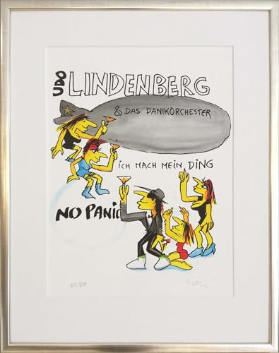 Kunstverlag Christoph Falk Zeppelin-ich mach mein Ding (Passepartout) - Udo Lindenberg Bild - handsignierte Auflage original Grafik im silberfarbenem Rahmen hinter Museumsglas. Likörell. Siebdruck.