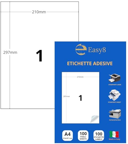 Easy8 210 x 297 100 Blatt, selbstklebende Etiketten A4, selbstklebend, ohne Rand, bedruckbar, weiß, kompatibel mit allen Laser-Druckern, Inkjet, Kopierer, 210 x 297 cm