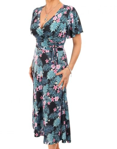 Robe Femme Imprimée Ajustée et Évasée Longueur Genou, Manches Courtes - Bleu et Rose Taille 38