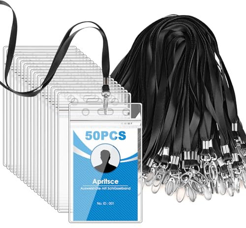Porte Badge, Apritsce 50PCS Plastique Porte Carte Avec Lanière, étanche Porte Carte Transparent, Tour De Cou Porte Badge Pour Entreprise Exposition Bureau(Noir, Verticale)