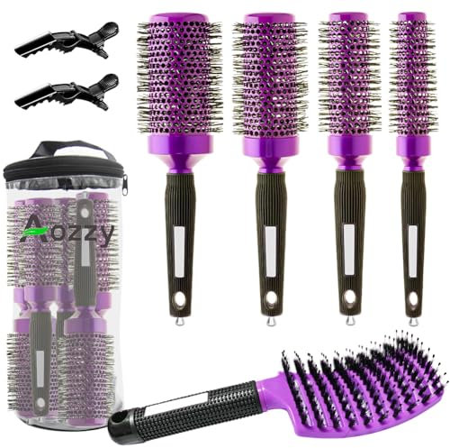 Aozzy Rundhaarbürste Profi Keramik Antistatische Lonen Pottery Lonic Haarbürste Rund Set Zum Föhnen, Glätten Langer Haare und Glätten Kurzer Haare Nylonborsten Salon Styling Pinsel Friseur Werkzeuge
