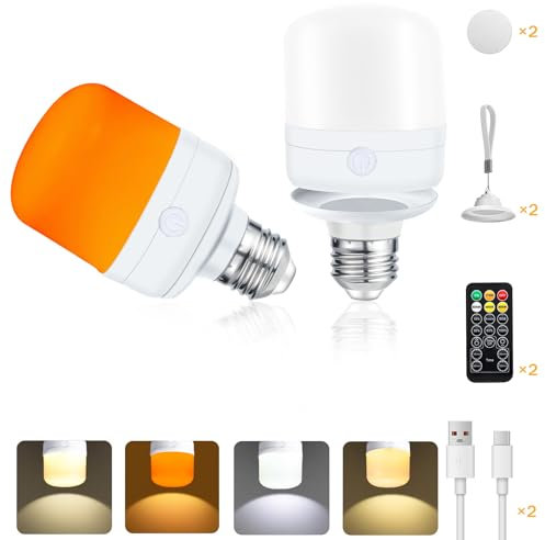 Joyes Bombilla Recargable, 2 Pack Temporizador Regulable a Pilas E27 Bombillas LED con 4 Colores, 40W Equivalente Mando a Distancia Lámpara Desmontable para Camping, Mesa de Luces Colgantes