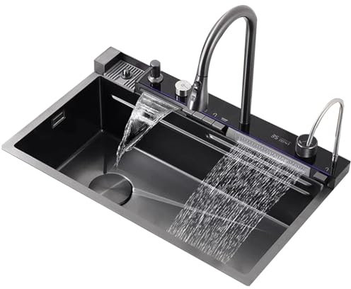 HUNTFF Fregadero de sifón Multifuncional de un Solo tazón con Grifo extraíble Cocina lavavajillas Piscina de Agua Cascada de Acero Inoxidable Fregadero Digital encimera Fregadero Incorporado