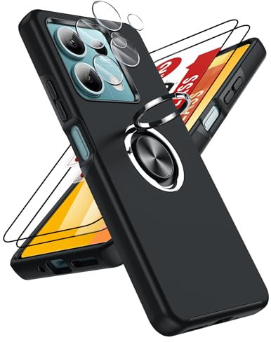 LeYi Hülle für Xiaomi Redmi Note 13 5G (Nicht für Note 13 4G) Handyhülle kompatibel mit 2*Panzerfolie & 2*Kamera Folie, TPU Militärschutz Hybrid Schutzhülle mit 360° Metall Ring Ständer Schwarz