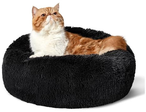 BEDSURE Katzenbett waschbar Flauschiges Katzenbett - Ø 50 cm Katzenschlafplatz für Katzen und kleine Hunde, plüsch Katzenkissen rund Kuschelbett, schwarz