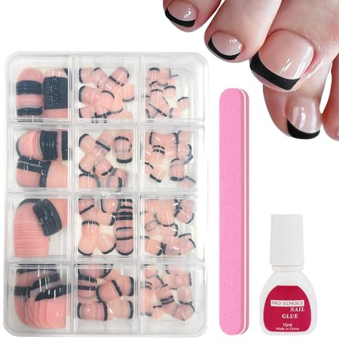 Pack of 240 False Toenails Kit - French Toenails for Sticking - Full Cover Acrylic Toe Nail Tips - 12 Sizes Artificial Toe Nail Tips, Fake Nails for Nail Art DIY (Black French)