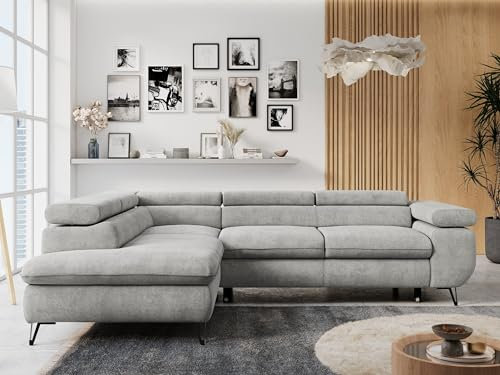 MKS MEBLE Ecksofa Sofa Grau, Wohnlandschaft L-Form mit Schlaffunktion und Bettkasten, Schlafsofa mit Bettkasten, Sofa mit Einstellbare Kopfstützen, Peter L - Hellgrau Struktur - Links Grau