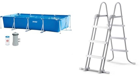 Intex 28274NP - Piscina Tubular, Piscina Rectangular, 450 x 220 x 84 cm, 7.127 litros & 28075 - Escalera para Piscinas de Altura de 91 hasta 107 cm, Acero