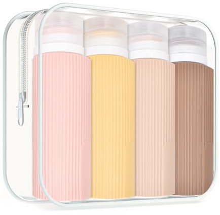 Portable Travel Container 4x100ml Refillable Squeezable Bottles with Toiletry Bag,Silicone Refillable Squeeze Travel Size Containers Leak Proof Travel Size Bottles for Shampoo Lotion Liquid Toiletries