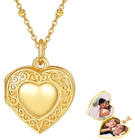 KINGWHYTE Herz Medaillon Kette 925 Sterling Silber 14K Vergoldet Keltisches Herz Bilder Foto Anhänger Schmuck Geschenke für Frauen Mädchen 18+2inch Kette von Perlen