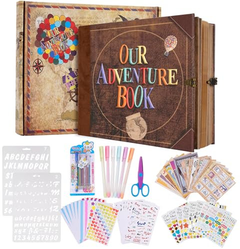 XiongXiong Abenteuerbuch 146 Seiten Scrapbook Photo Album mit Scrapbooking Zubehör, 3D Retro Embossed Letter Leather Hard Cover Movie Up Travel Journal Memory Book für Paare, Brown, 22,6 x 19,6 cm