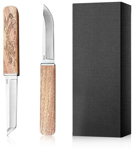 WIYETY Jagdmesser Doppelmesser 2-in-1, Jagdmesser Outdoor, Camping Messer mit Holz Messergriff, Jagdmesser mit eingravierter Textur, Jagdmesser Doppelmesser für Camping, Wandern (Geschenkbox)