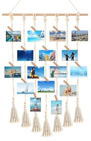 Foto Hängendes Makramee - Wandbehang Fotowand Bilderrahmen Collage Fotovorhang Wandteppich Fotowand mit 30 Holzclips und 1 spurlosen Nägeln Boho Deko für Wohnkultur, Schlafzimmer