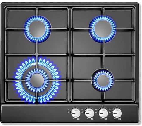 SNDOAS Piano Cottura 4 Fuochi Gas, Piano Cottura Pannello Smaltato Nero, Protezione Tramite Termocoppia, Gas Naturale/Propano, Incorporato, 8060 W, 220-240 V