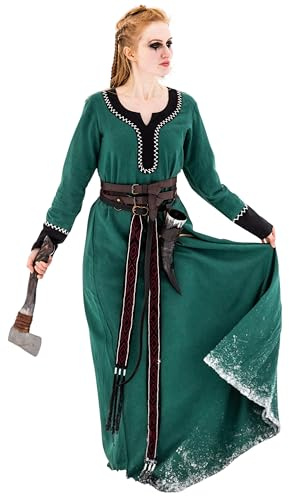 Leonardo Carbone® Damen Kleid Wikingerkleid Freya | Handstickerei | Zweifarbig | Karneval, Halloween, Cosplay, LARP, Mittelalter, Kostüm, Festkleid, Baumwolle | 100% Baumwolle Grün XL