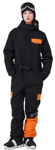 HOUZONIY Herren Snowboard Skisuit Einteiliger Ski-Overall Hoodie Winter Warme Schnee Skianzüge Outdoor Sports Schneeanzug Ski Anzug mit Reißverschluss Snowboard Skisuit (Schwarz XL)