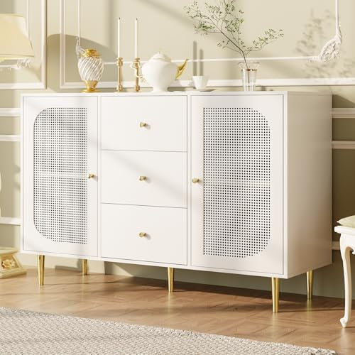 LERFAN Buffet de rangement avec porte en rotin synthétique - Avec tiroir - 120 x 40 x 90 cm (l x P x H) - Blanc