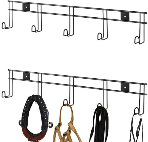 Yaocom 2 Stück 5 Haken Pferd Zaumzeug Haken Metall Zaumzeug Rack mit Aufhängern für Zaumzeug, schwarze Reißzwecke, vielseitige Montage, tragbares Pferderegal, leicht und dennoch langlebig, für