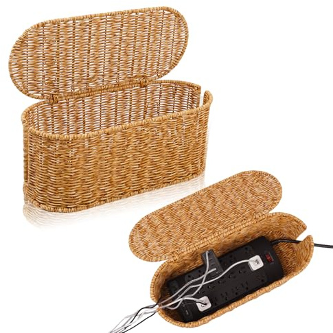 Kabel-Management-Box, handgefertigter Rattan-Kabel-Organizer, 2 offene Steckplätze, Kabelversteckbox, Kabel-Organizer für Computer-Router, USB-Hub und Steckdosenleiste, zum Patent angemeldet, 40,4 x