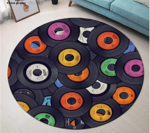 YANGECHEN Musik Vinyl Schallplatte Kreis Runder Teppich Bereich Teppich rutschfeste Matte Boden Esszimmer Wohnzimmer Soft Schlafzimmer Teppich 120Cm