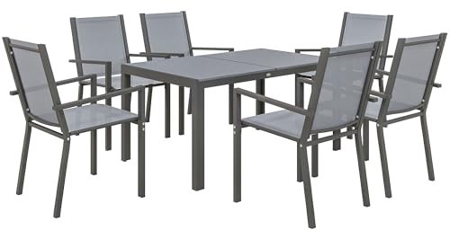 Outsunny 6 Seater Garden Dining Set with Stackable Armchairs, WPC Top Dining Table, Outdoor Table and Chairs, Garden Furniture Set, Light Grey