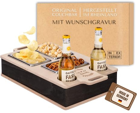 INEXTERIOR CouchBar Plus - PERSONALISIERBAR - handgefertigt in Deutschland - drei Snackschalen und Flaschenhalter - Couchbutler couchorganizer Sofaorganizer Sofaablage Tablett Couchbutler (Design 1)