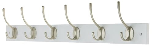 keypak 6 Hook White Wall Mounted Coat Rack with Victorian Satin Nickel Hooks - Heavy Duty Wooden Board for Coats, Hats, Bags, Tools Space Saving Wall Storage Organiser, Fixings Included